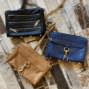 Rebecca Minkoff leather purse lot trio, blue, camel and black